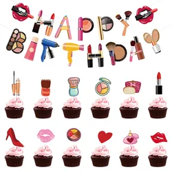 Makeup Birthday Party Decorations Spa Happy Birthday Banner, Cake Topper, Cupcake Toppers for Girl Kids Makeup Theme Supplies