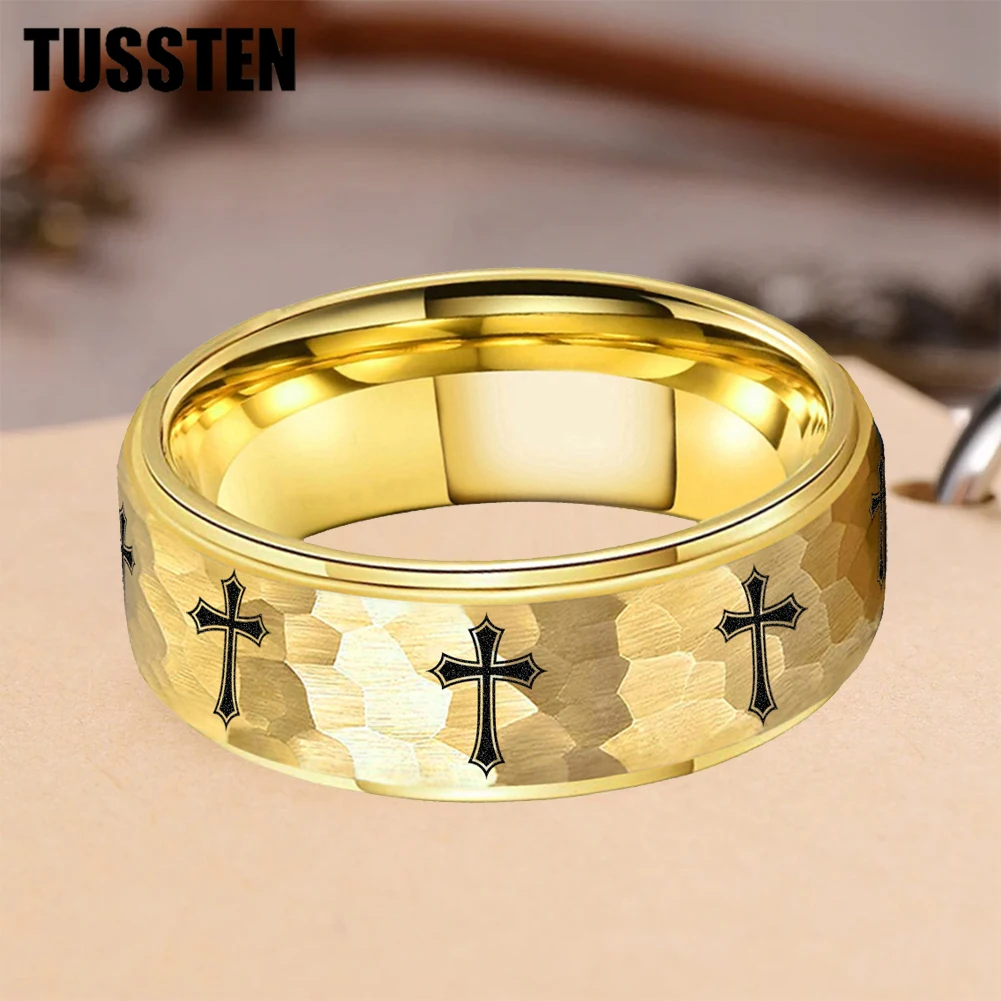 

TUSSTEN 6/8MM Stepped Hammered Tungsten Ring For Men Women Fashion Wedding Engagement Band Laser Engraved Cross Pattern