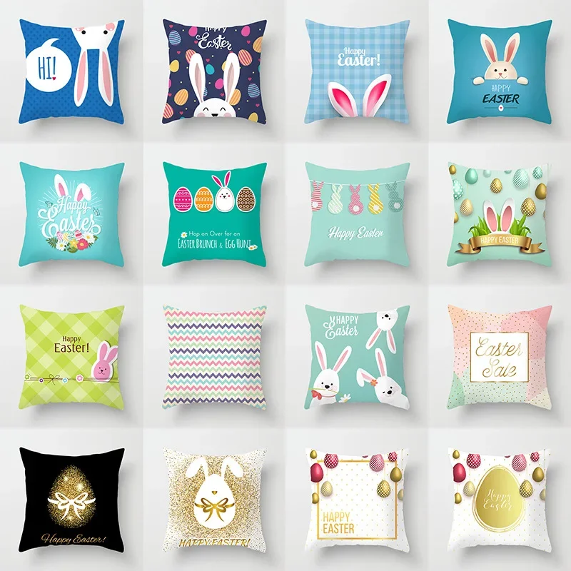 45*45cm Blue Easter Peach Pattern Pillowcase Cushion Case Bunny Easter Eggs Rabbi Lumbar Pillow Cover Sofa Cushion Home Decor