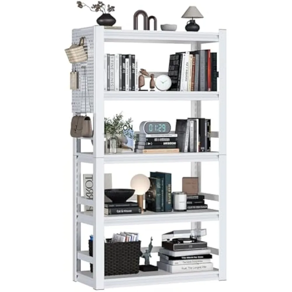 

63" Heavy Duty Bookshelf Metal Bookcase with Pegboard Bookend and Fence 5 Tier Adjustable Bookshelves for Home Office and Study,