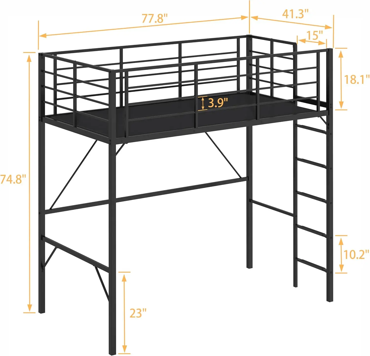 Twin loft Bed 75 inch High with High Guardrail,Space Saving Bedframe with Wide Ladder Rungs,No Sagging,Allow 12 inch Mattress St