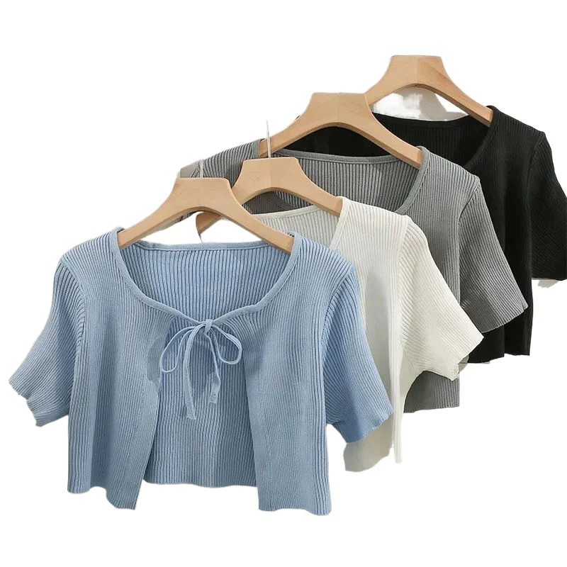

French Lace Up Bow Crop Top Women's New Versatile Thin Short Sleeved Knitted Shirt For Summer Simple Solid Cardigan Sweater