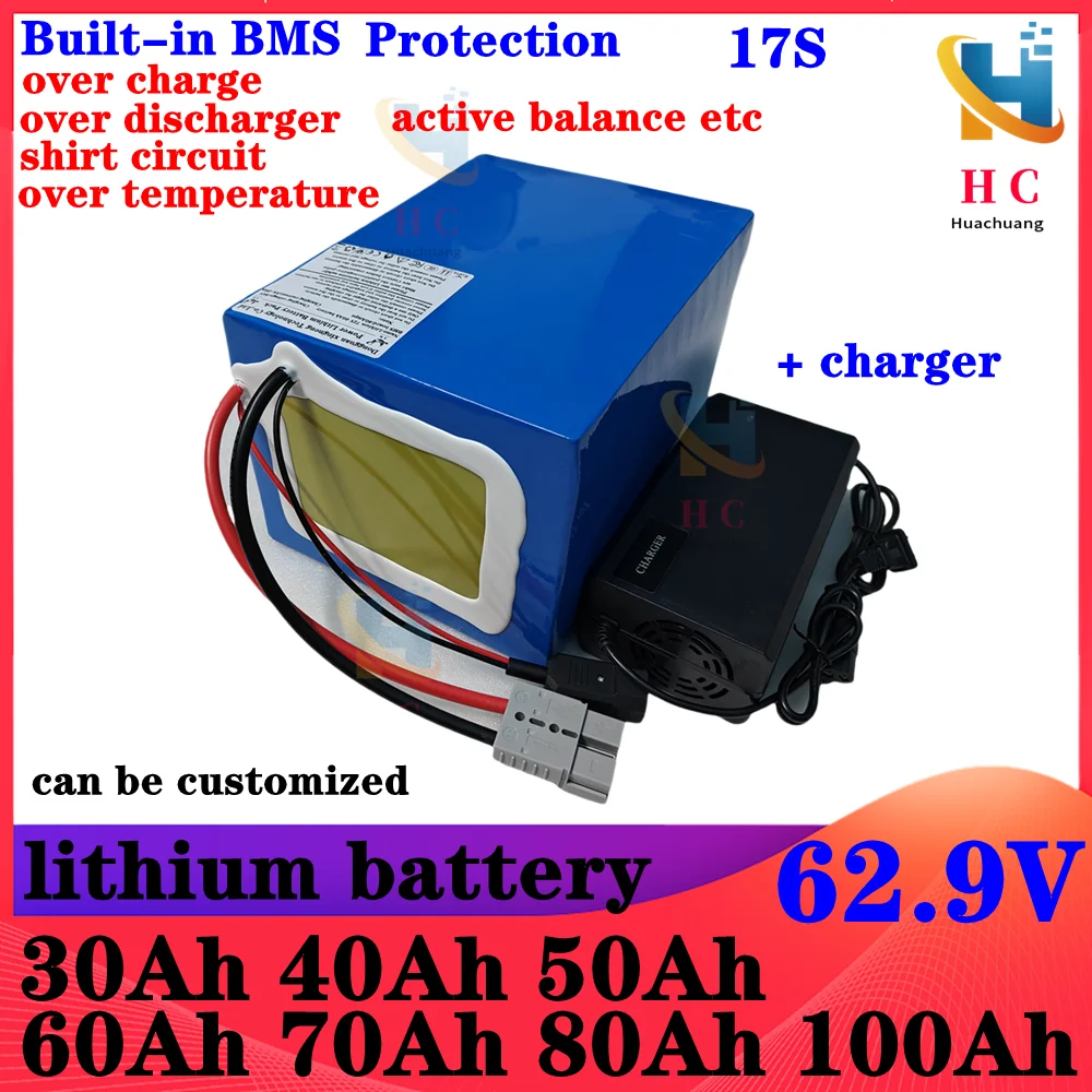 li-ion battery BMS 17S 62.9V 30Ah 50Ah 60Ah 60v 80ah 40Ah 100Ah lithium for 3000w scooter bicycle motorcycle + charger