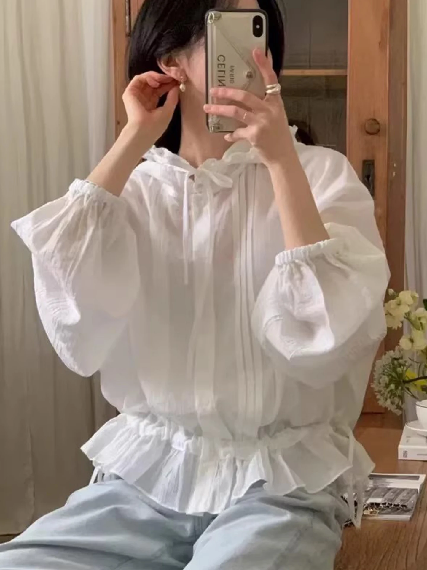 

Sweet Summer New Style Women's Long Sleeve Hooded Patchwork Lace Drawstring Thin Shirt Jacket Breathable Polyester Fiber