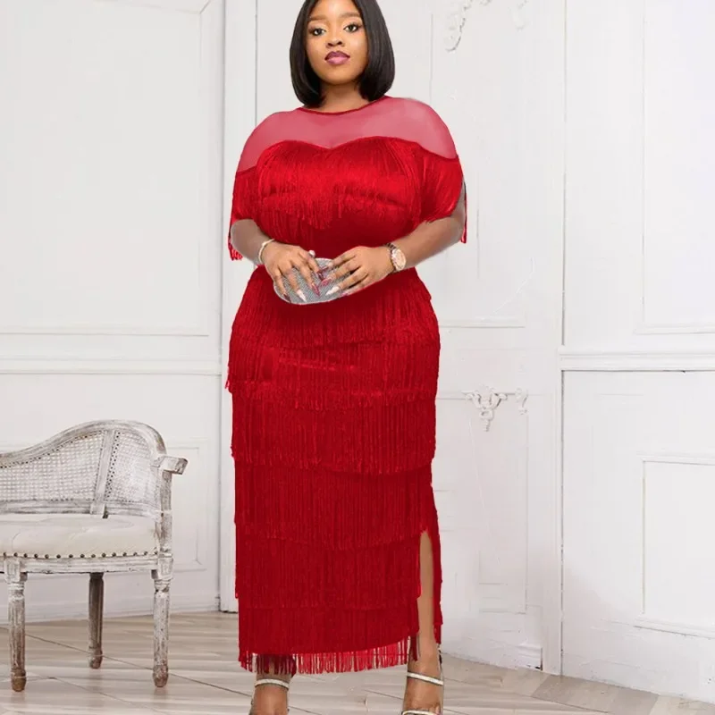 

Customized Plus Size African Party Evening Dresses for Women Summer Tassel Short Sleeve Traditional Dashiki African Clothes Anka