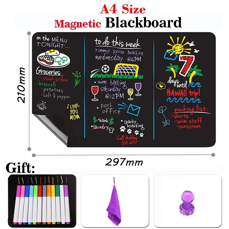 A4 Size Reusable Magnetic Blackboard Fridge Sticker Planner Calendar Table Message Board Dust Free Chalk Board Notices Labels