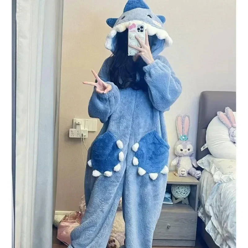 

❤️❤️❤️Cartoon Cute Shark Women's Hooded Sleepwear Winter Cosplay Pijama jumpsuit Female Christmas Party Loungewear Costume❤️⭐️❤️