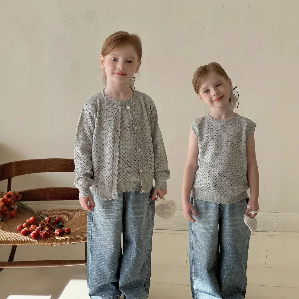 

Spring Children Girls 3PCS Clothes Set Hollow Knit Vest Solid Cardigan Gradient Bright Diamond Jeans Suit Toddler Girl Outfits