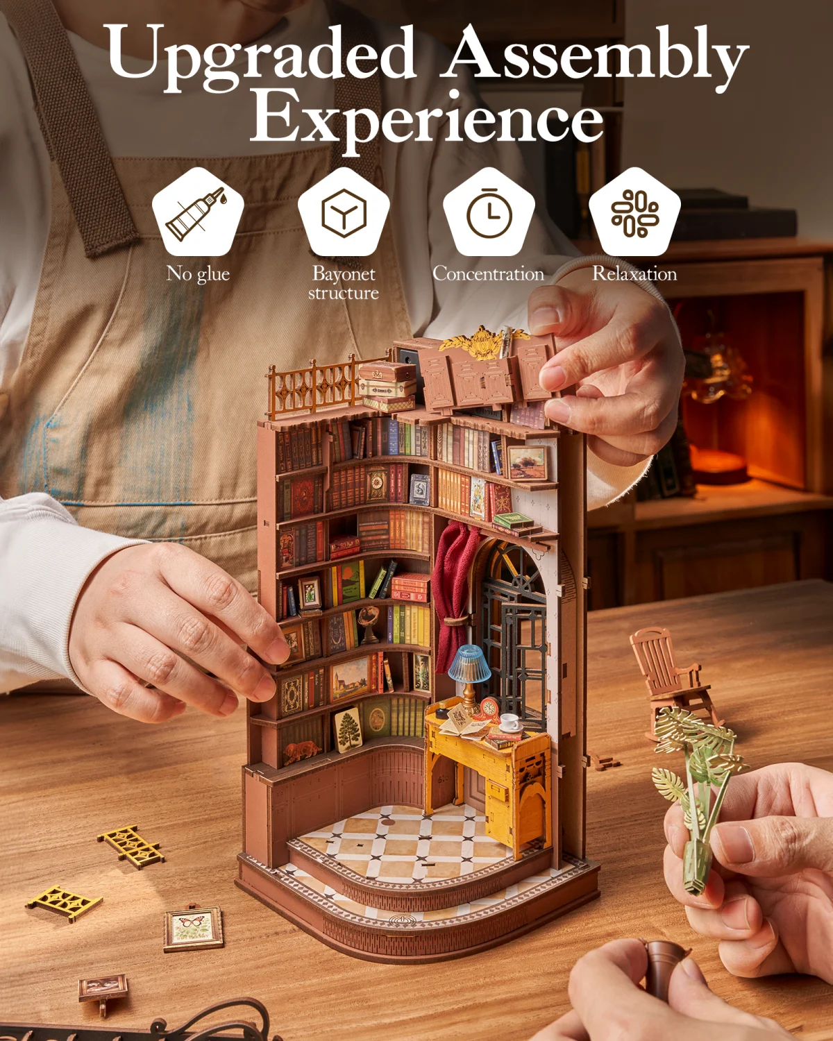 Rolife Wooden 3D Puzzle Silent Corner Study DIY Book Nook Kit Wood Bookends Model Building Kit with LED Light for Bookshelf Decor Gift for Book Lover Adult view 6