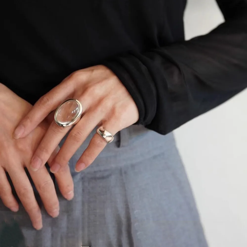 New Personality Design Retro Oval Transparent Acrylic Water Drop Rings for Women Men Charm Trendy Opening Finger Party Jewelry