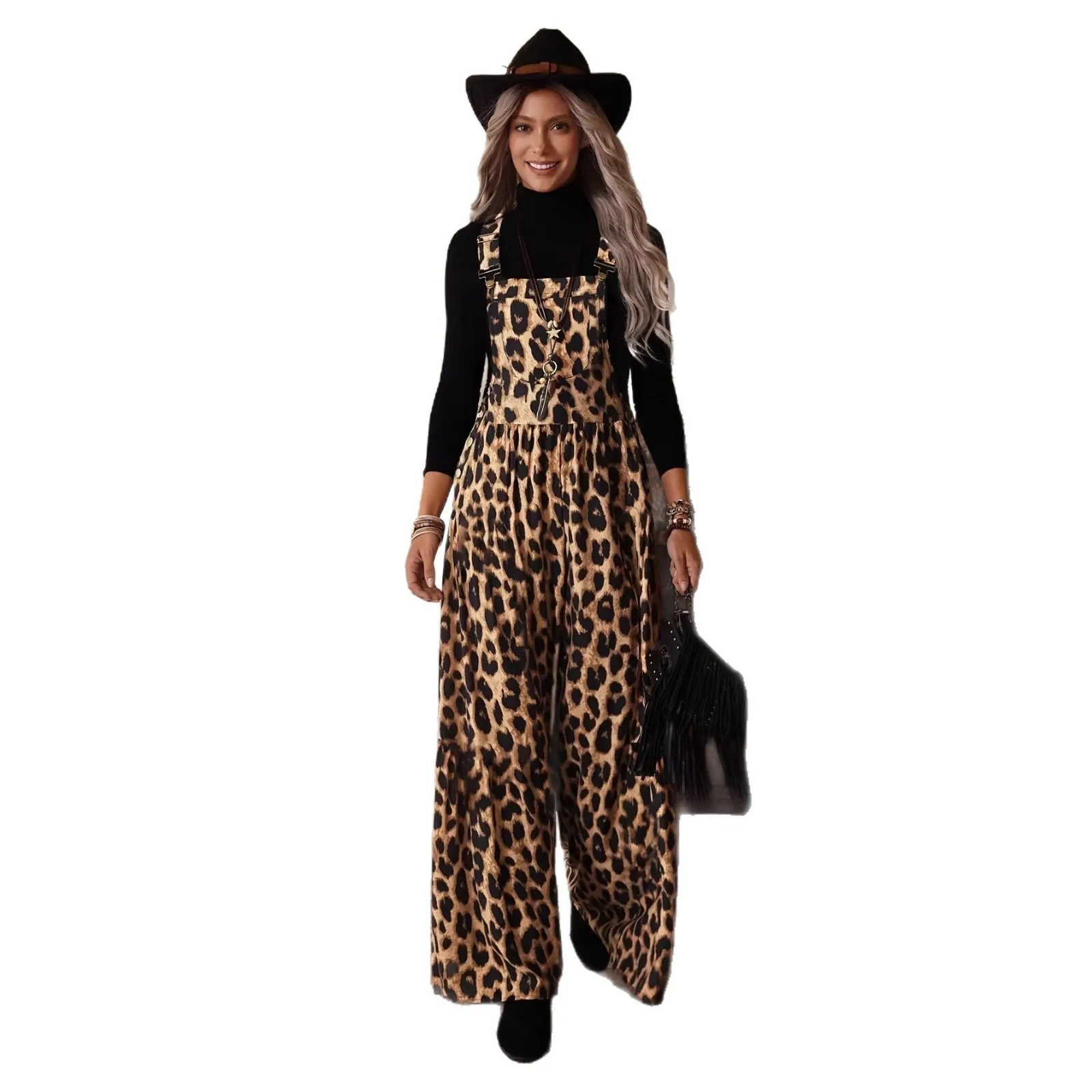 Women's Boho Sleeveless Mid Waist Long Pants Mercerized Wide Leg Jumpsuit For Women Woman Summer Casual Flowy Leopard Print
