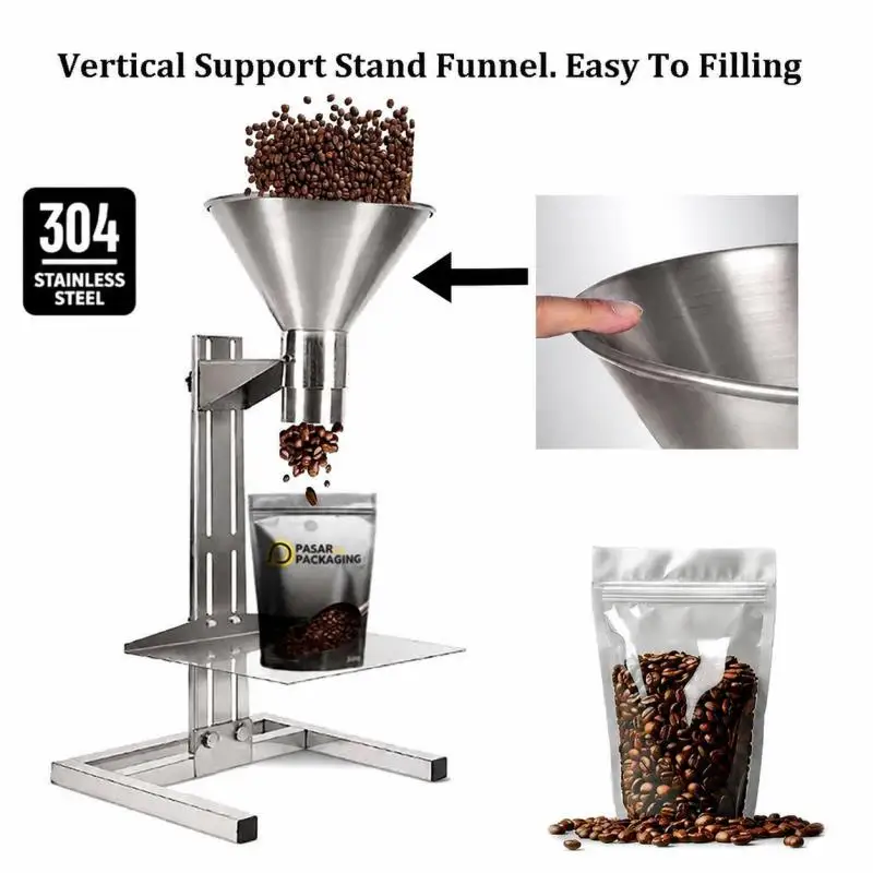Vertical Stainless Steel Funnel Hopper Device With Support Stand For Bag Jar Filling Liquid Paste Granule Powder Food Standard