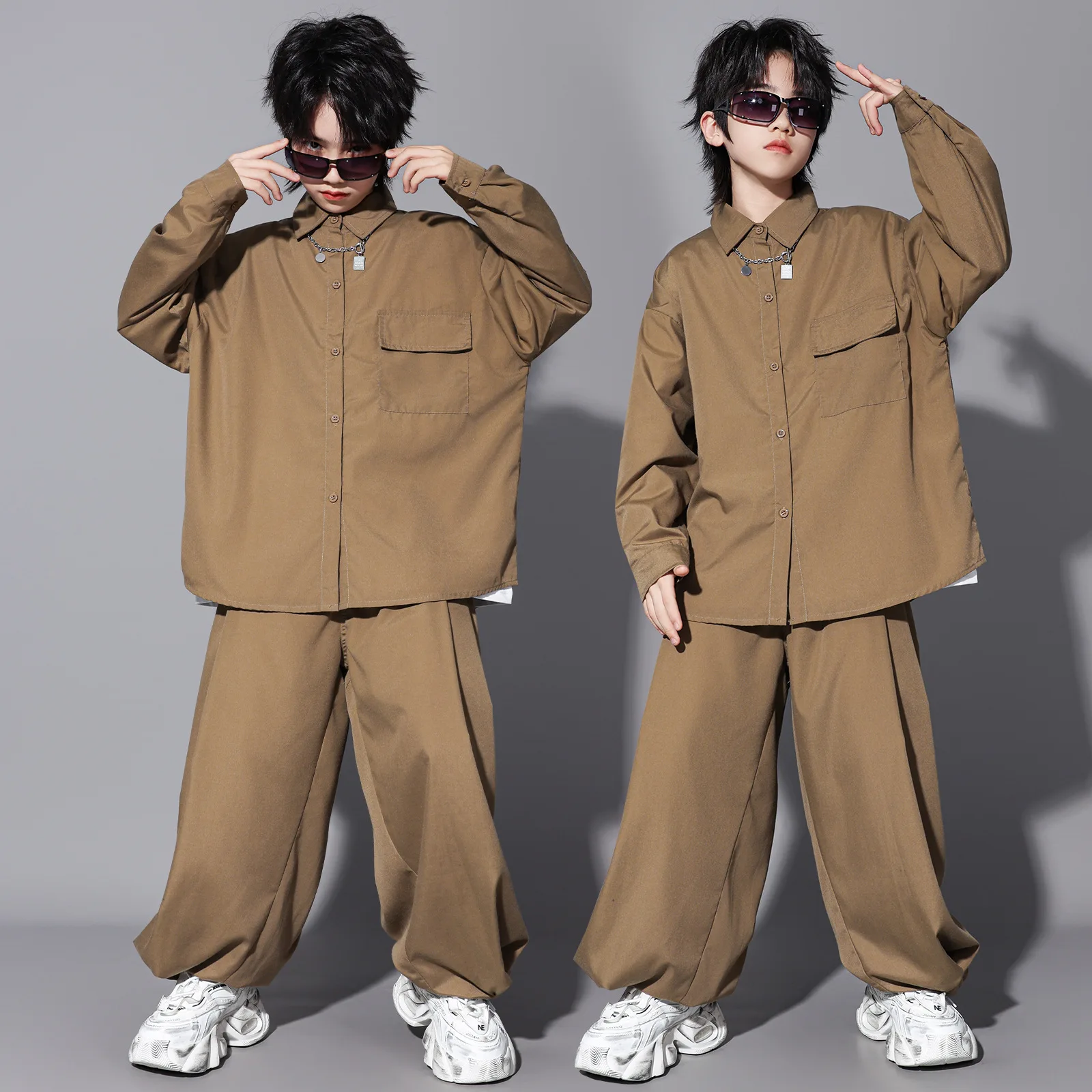 Kids Boys Girls Streetwear Hip Hop Loose Casual Long Sleeve Shirt Pant Sets Tracksuit Children Stage Clothes Performance Costume