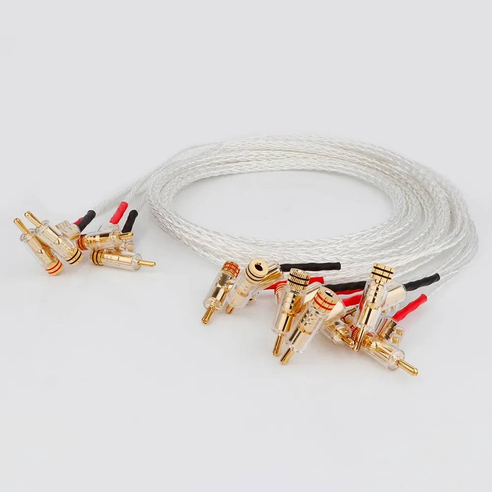 

One Pair 8AG HiFi audiophile grade speaker cable 8N silver plated audio line amplifier wire with self locking banana plug