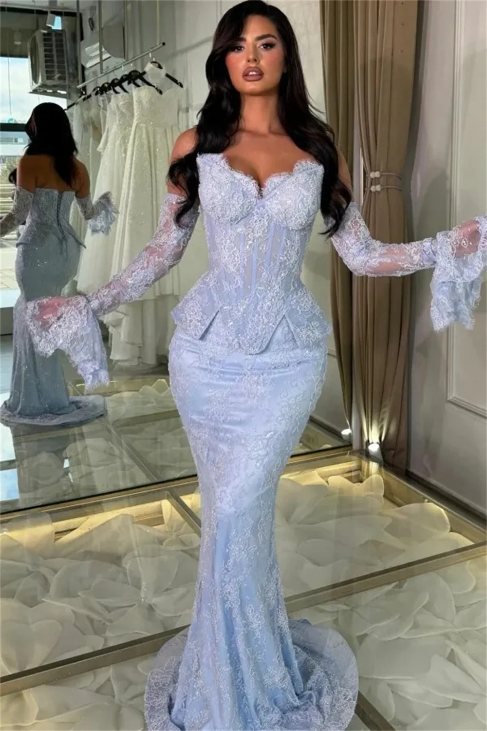Sansa Customized Baby Blue Strapless‑Sweetheart Formal Prom Dress Sequined‑Lace Detachable‑Lace‑Sleeves  Mermaid Evening Gown