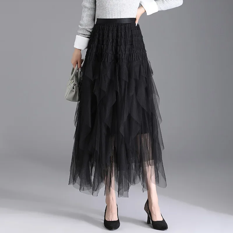 Qooth Women Fairy Tutu Mesh Skirt Elegant Elastic Waist Long A-line Tulle Cake Skirt For All Season QT2229