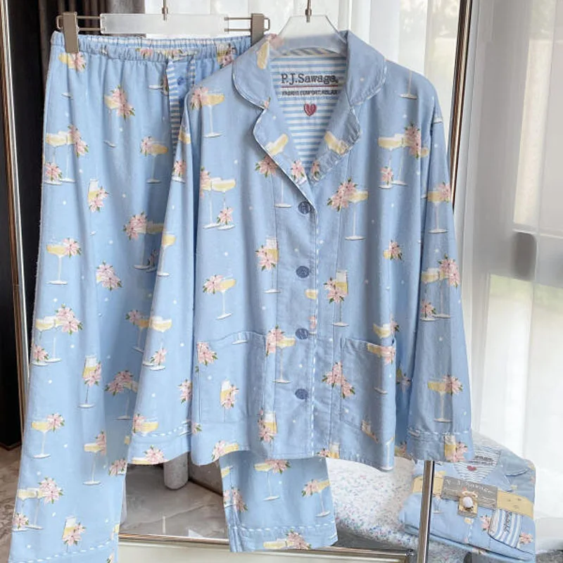 Cartoon Print Homewear Women Brushed Cotton Cute Pajamas Set Autumn New Long Sleeves Lapel Shirt&pants Loungewear Sleepwear Suit