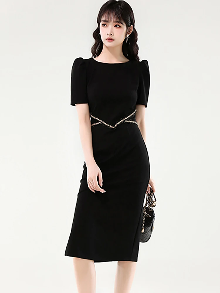 Summer Black Short Sleeve Bodycon Midi Dress Women Korean Vintage Hepburn Prom Clothes 2025 Elegant Patchwork Chic Casual Dress