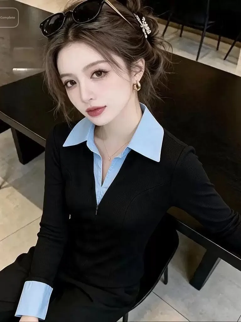 Slimming Effectiveness French Style Color Block Shirt Collar Bell Sleeve Top Fake Two-Piece Design Long Sleeve T-Shirt