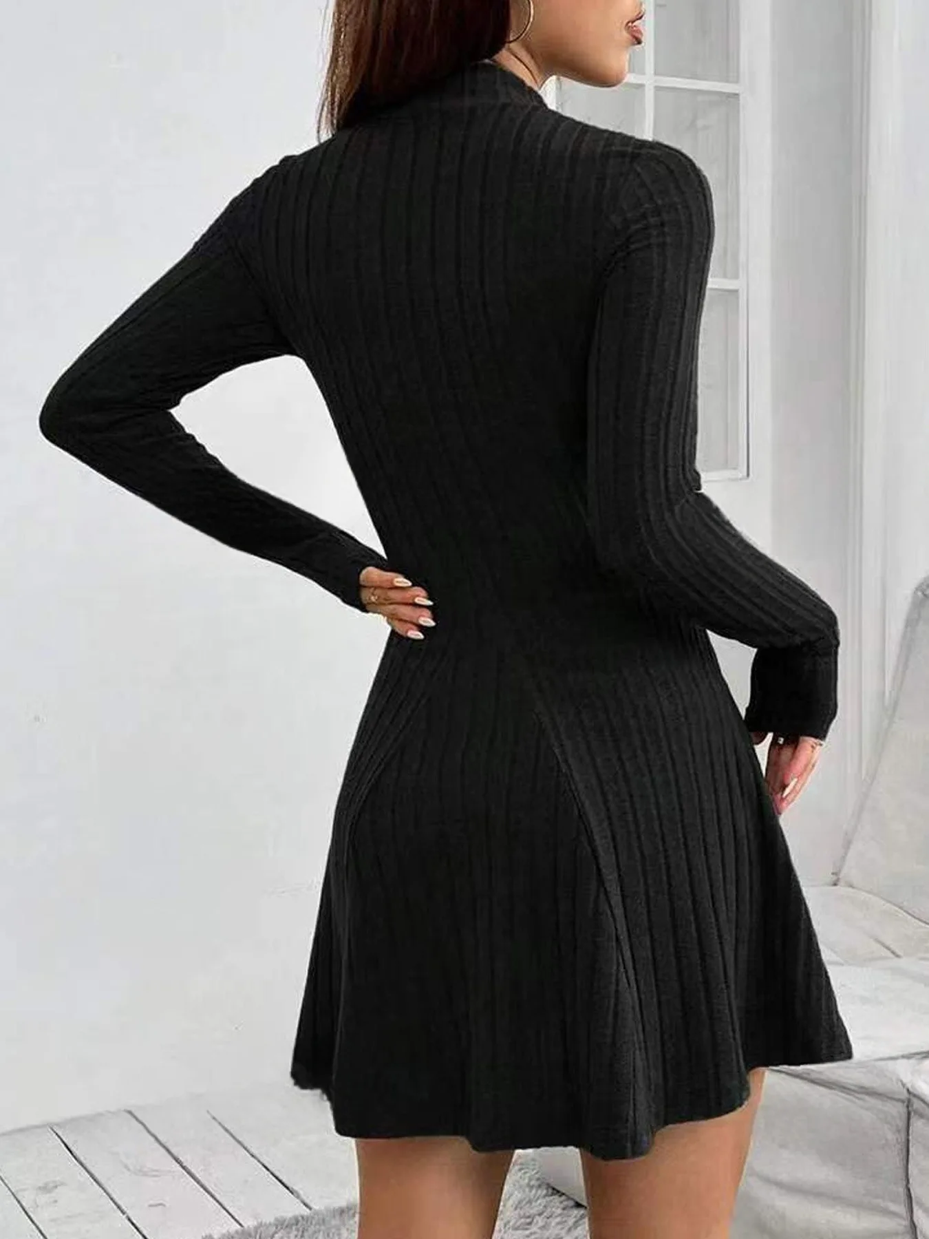 Women Turtleneck Knit Mini Dress, Vertical Rib Long Sleeve Flare Dress Slim Fit For Office Date Daily