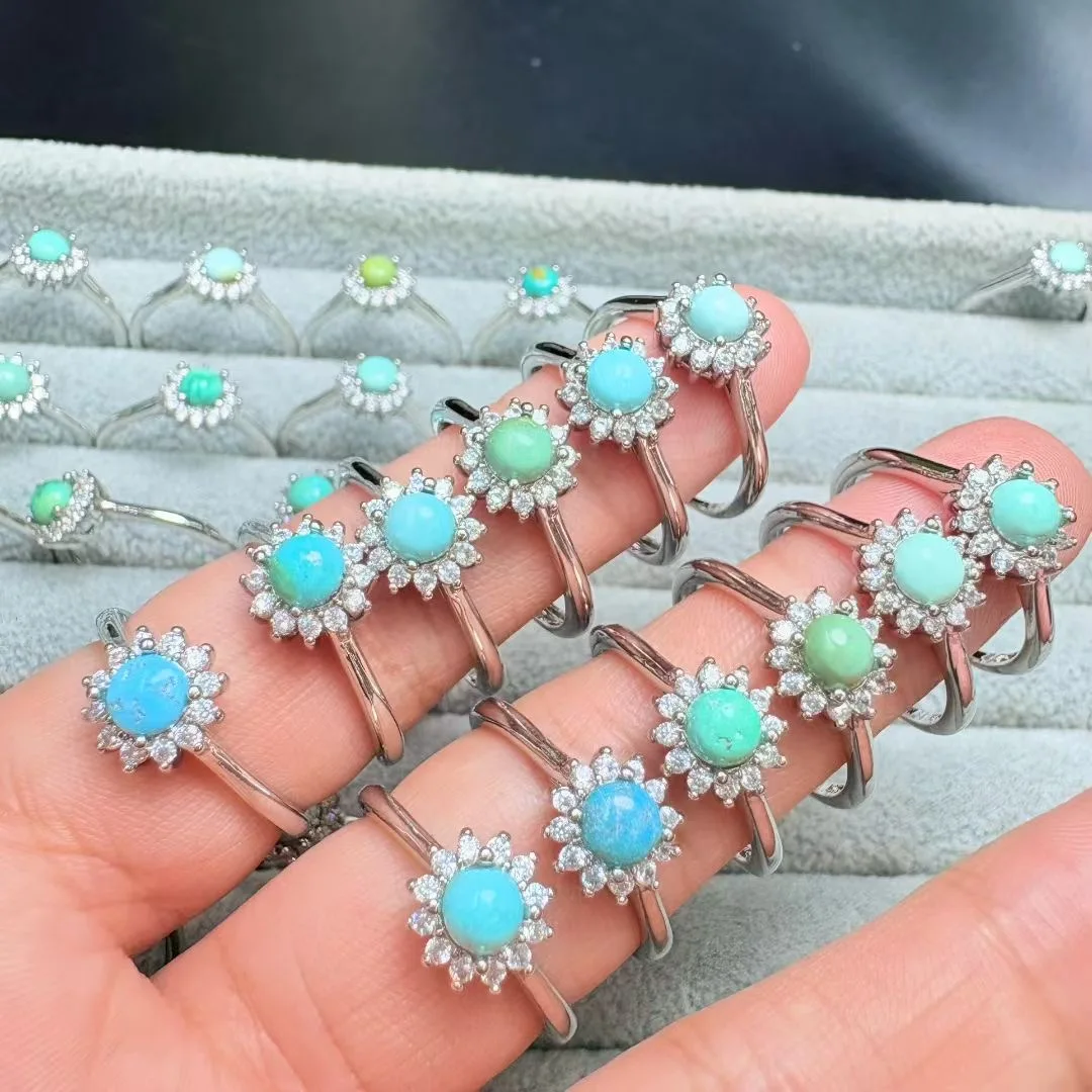 1Pc Fengbaowu Natural Turquoise Ring 4MM Round Cabochon Reiki Healing Stone Jewelry Gift For Women view 3