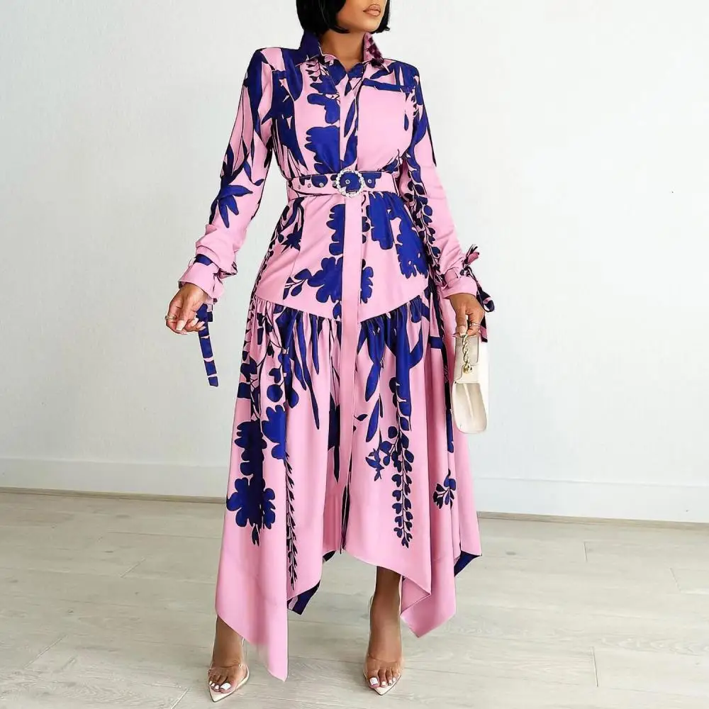 Women Vintage Floral Dress 2024 Ladies Elegant French Stylish Chiffon Waisted Long Dresses Female Print Long Sleeve Frocks