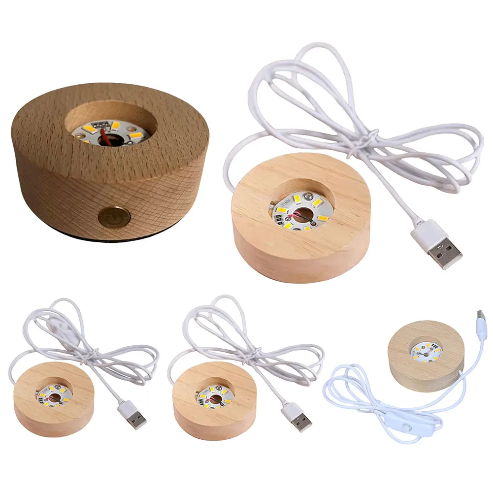 Wooden LED Light Display Base Round Crystal Glass Light Base Stand LED Display Stand for Crystal Glass Resin Art