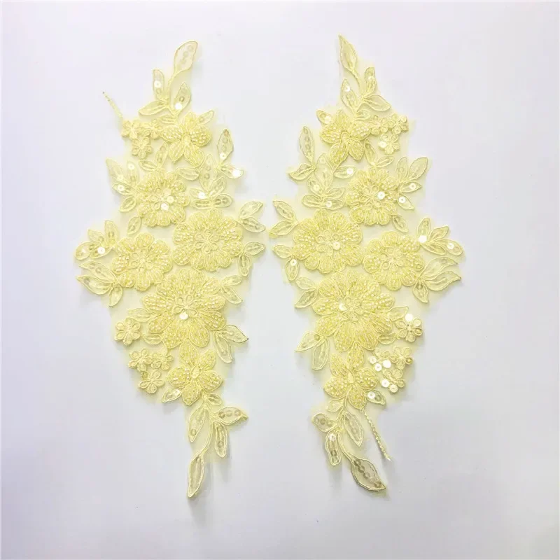 5Mirror pairs Multi-color Handmade Beads Mesh Lace Embroidery Flower Floral Applique Wedding Dress Fabric Lace Accessories 33cm