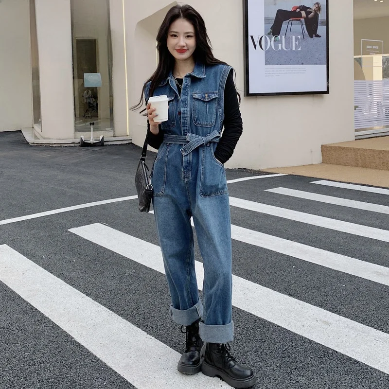 

Retro Svel Denim Overalls Women's Loose Straight Casual Outfit Set High Waist Cargo Pants Korean Sle Pure Color