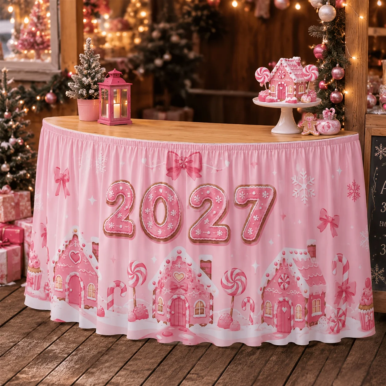 1 piece of tablecloth - Pink gingerbread house - 2027 candy stick - Almond egg bow - Snowflake tablecloth