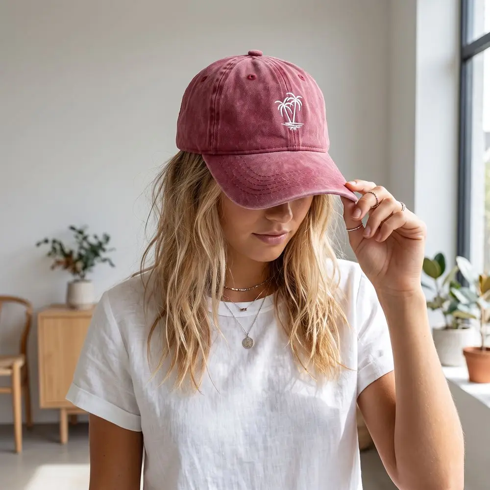 Soft Top Embroidered Coconut Tree Baseball Cap Retro Thin Washed Cotton Baseball Cap Fashion Sweet Sun Hat Outdoor