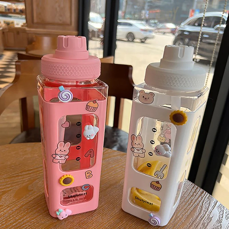 700ml Water Bottle With Straw 3D Cute Bear Sticker Plastic Square Sippy Cup Portable Kawaii Water Bottle For Outdoor Drinkware