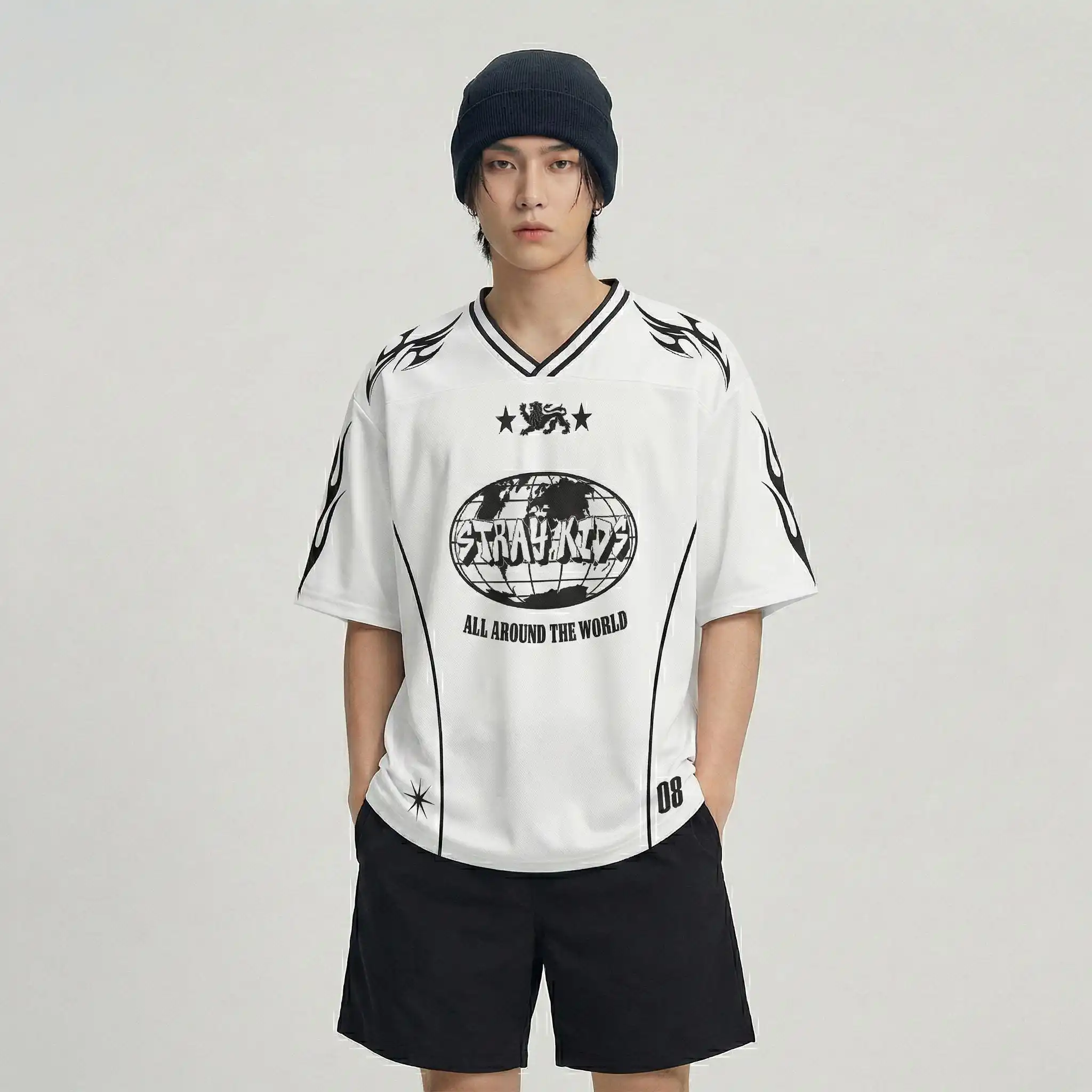 

Stray Kids All Around The World Vintage Football Jersey Unisex V-Neck Breathable Mesh Oversized Shirt Kpop Flame FamilyMatching