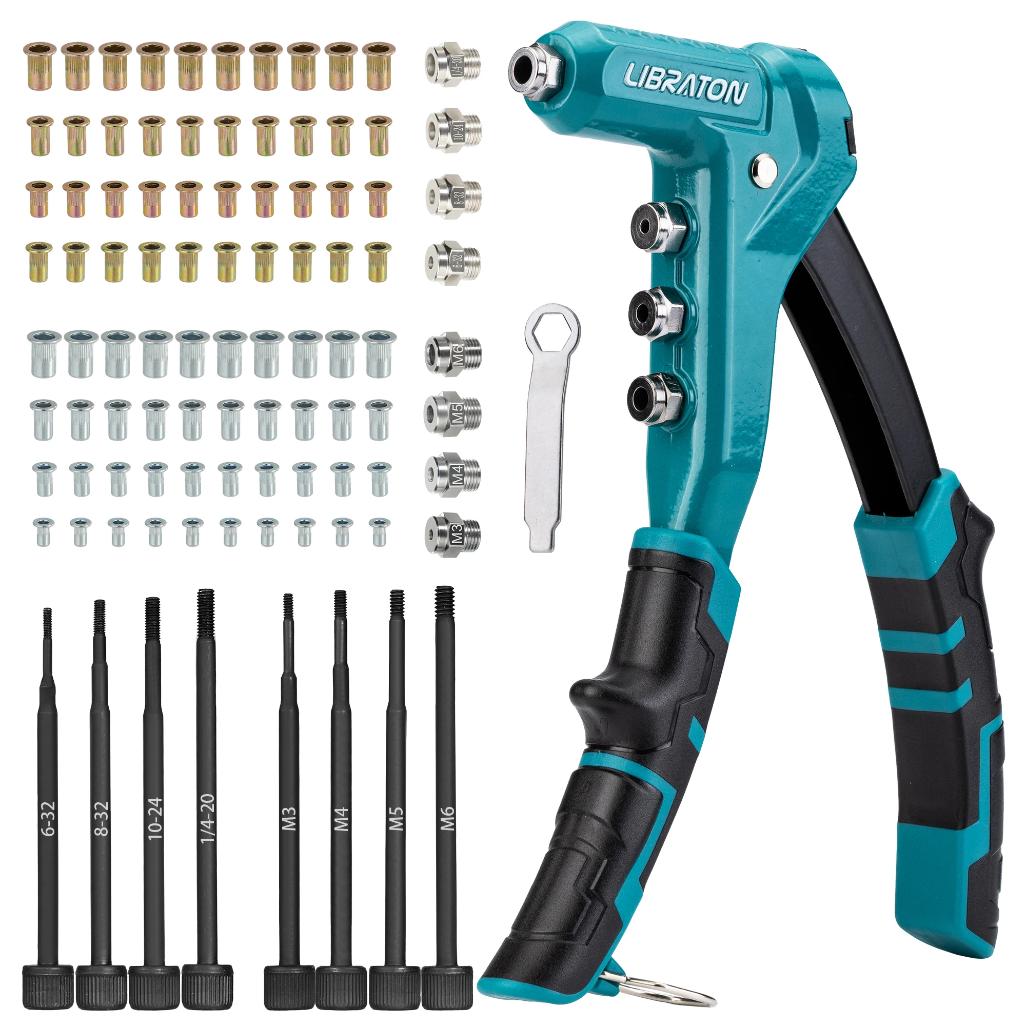 LIBRATON Rivet Nut Gun Kit, 9.5 Inch One-Handed Nut Rivet Gun with 80PCS Threaded Rivet Nuts Metric M3-M6 & SAE 6-32