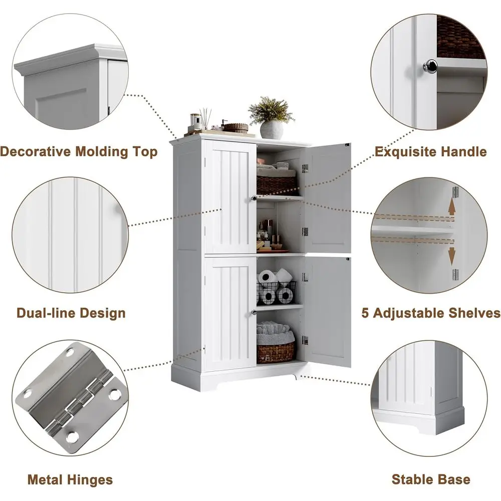 خزانة أرضية حمام بيضاء حديثة قائمة بذاتها مع 4 أبواب وأرفف قابلة للتعديل للتخزين في غرفة المعيشة