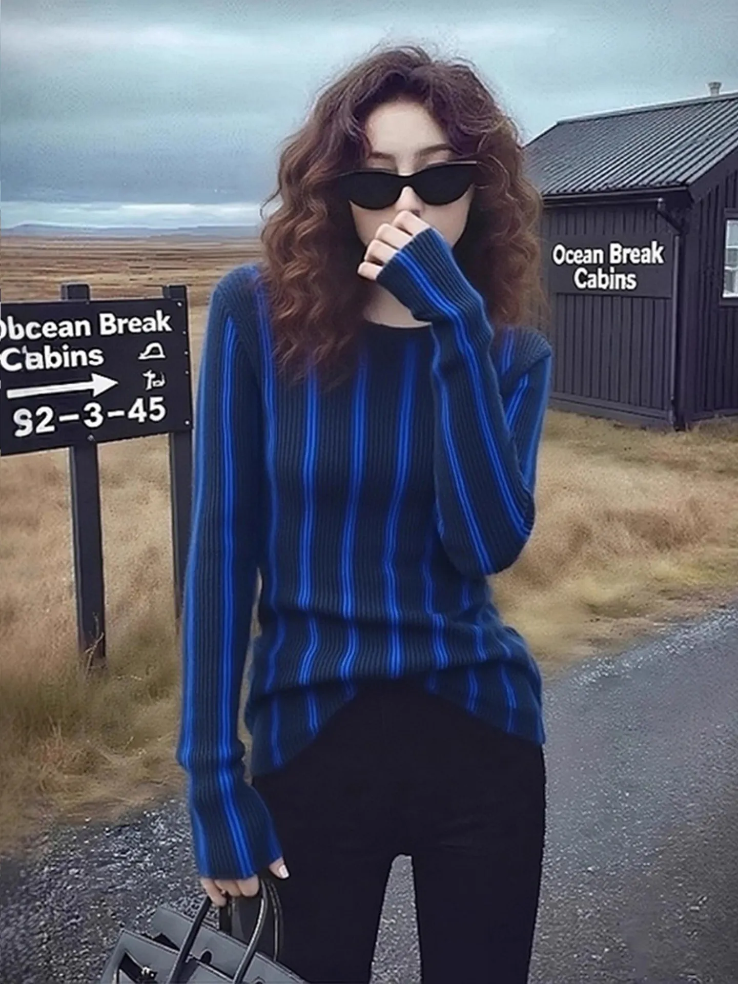 

Синий полосатый трикотажный базовый топ для женщин, модный, зимний, для повседневной носки, стандартный крой, мягкий, средней плотности, с длинными рукавами