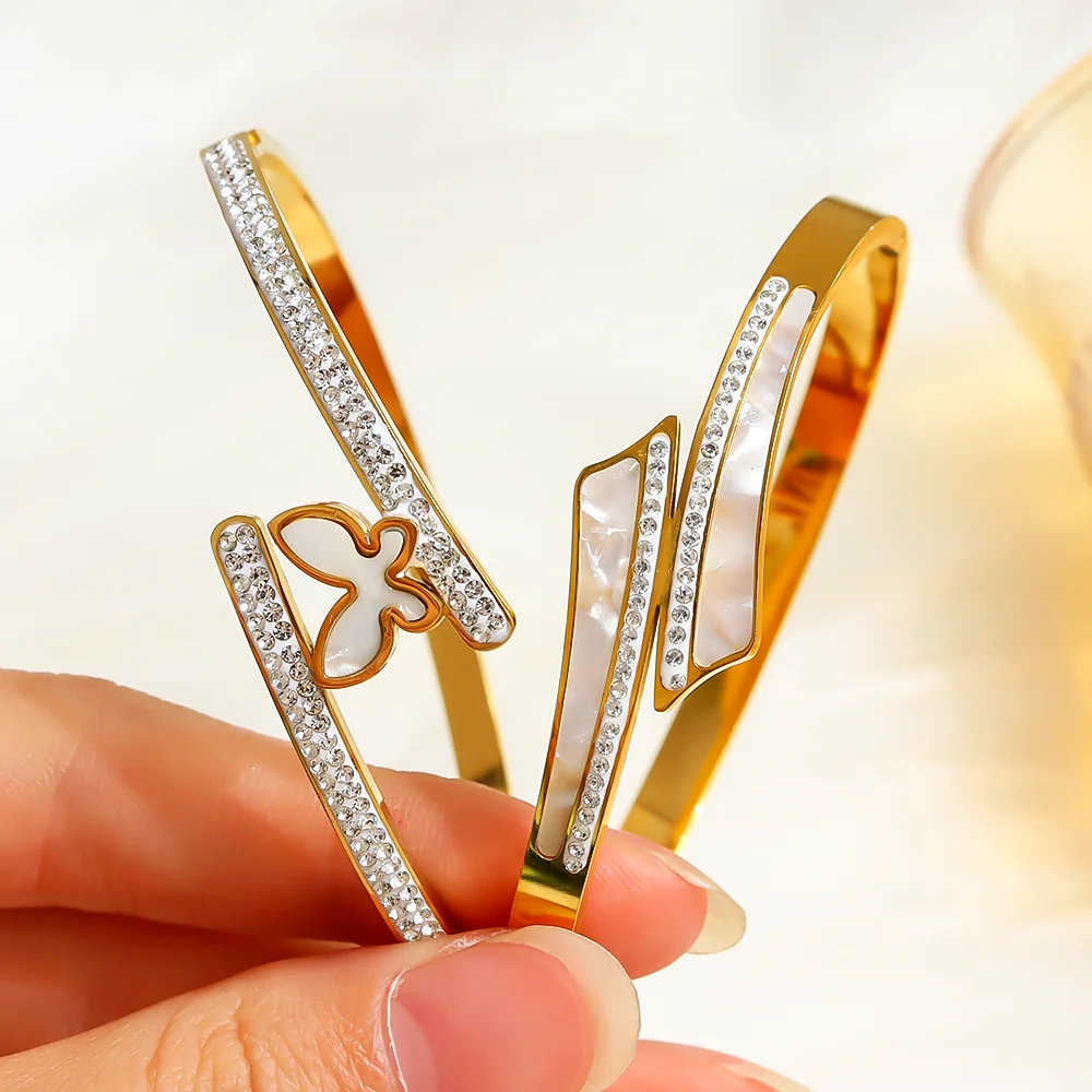

2Pcs/Set Stainless Steel Gold Color Zircon Cuff Bracelet Bangle for Women, Butterfly Shell Elements Exquisite Jewelry Gift