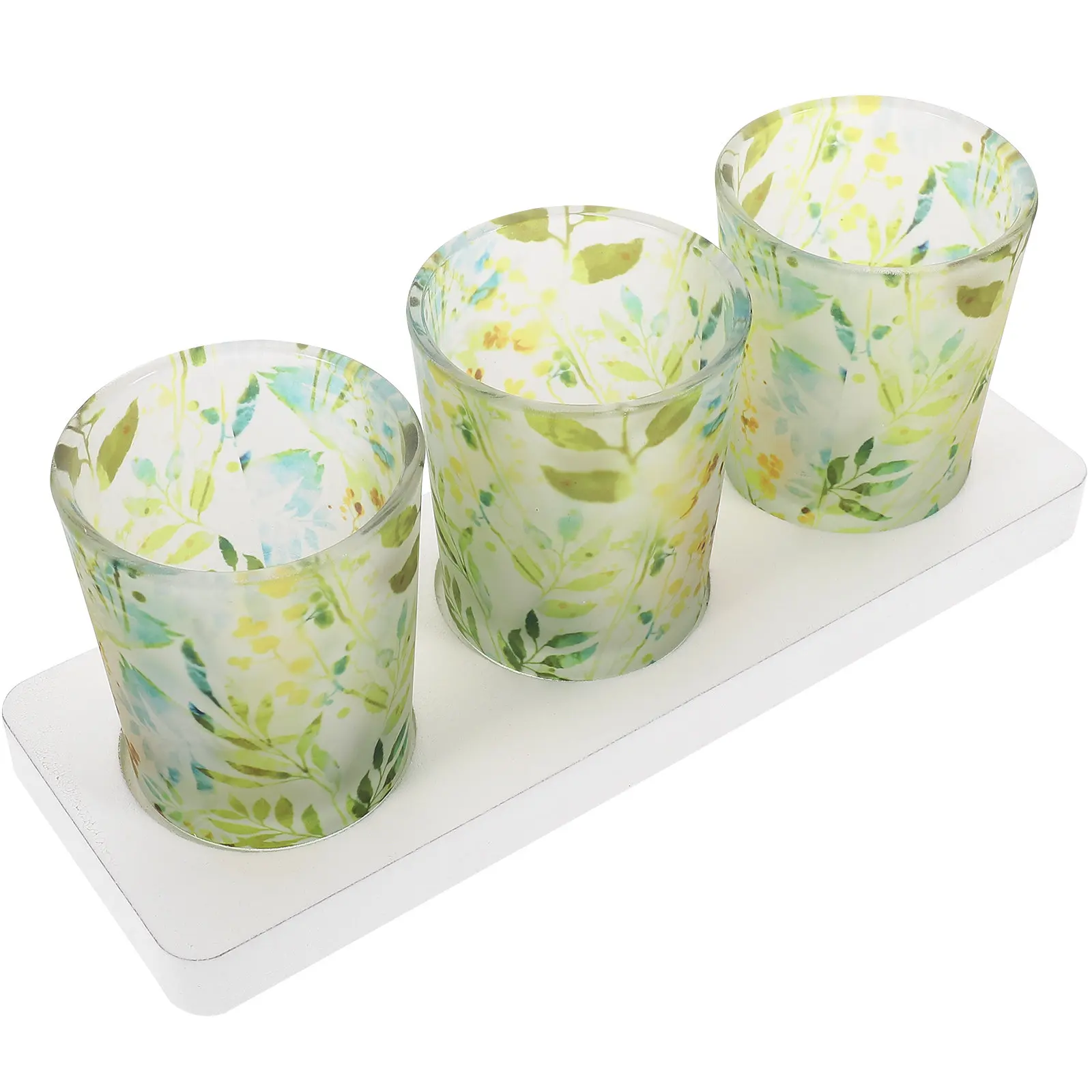 3 Portavelas de Cristal con Base de Madera, Diseño de Planta Verde Militar, para Decoración de Bodas, Fiestas y Hogar