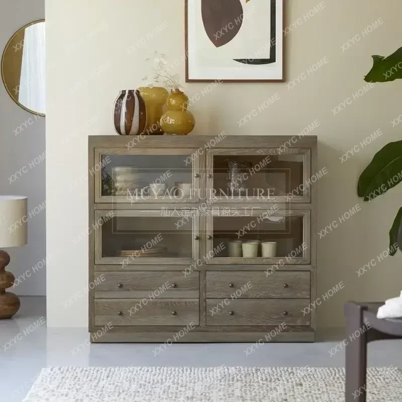 

retro solid wood dining side cabinet antique and old glass sideboard living room entrance cabinet