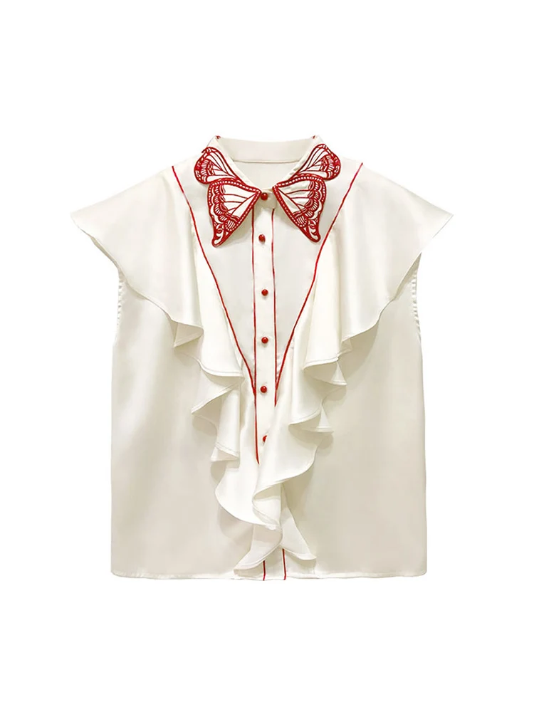 Women\'s Butterfly Embroidered Ruffled Sleeveless Shirt,Summer