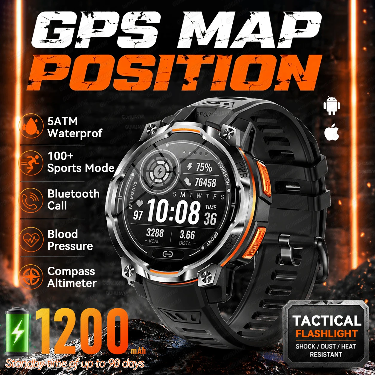 New Outdoor GPS Map Built-in 1200mAh Battery Smart Watch Men Compass Bluetooth Call IPX8 Waterproof Sports Militray Smartwatches