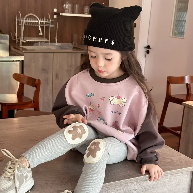 Girls' Hoodie Autumn Bottom Pants Falling Shoulder Western Korean  Round Neck Hoodie for Middle aged Children 2024 New