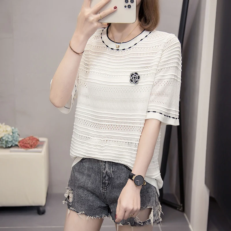 Camelia Beaded Thin Ice Silk Knitted Tshirt Sweater Women Elegant Vintage Ladies Pullover Tops Short Sleeve O-neck Knitwear 2023