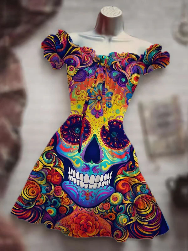 Gothic Horror Ghost Halloween Skull Colorful 3D Print Costume Y2K Dress Summer Hot Selling Hawaiian Bohemian Dress Vestido Mujer