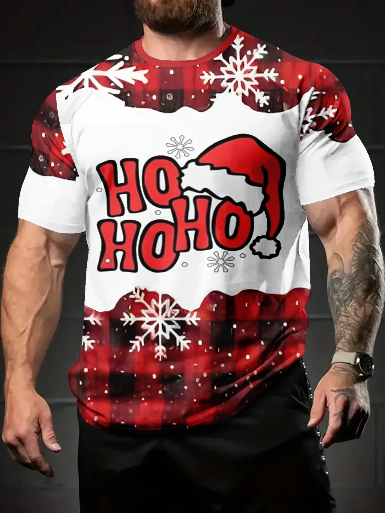 Men Christmas Style Plaid Snowflake Crew Neck Short Sleeve T-Shirt