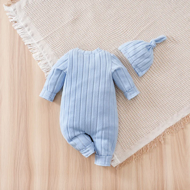 2pcs newborn baby romper Winter sweater knit long-sleeved blue Bear Chapter With hat One piece Baby pajamas 0-18 months Unisex
