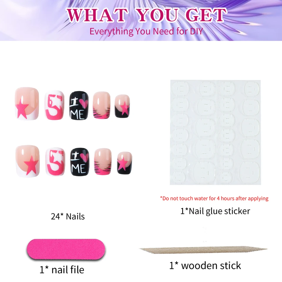 24 piezas uñas postizas cortas cuadradas con estampado de leopardo y blanco empolvado, con diseños de corazones, estrellas y viernes 4