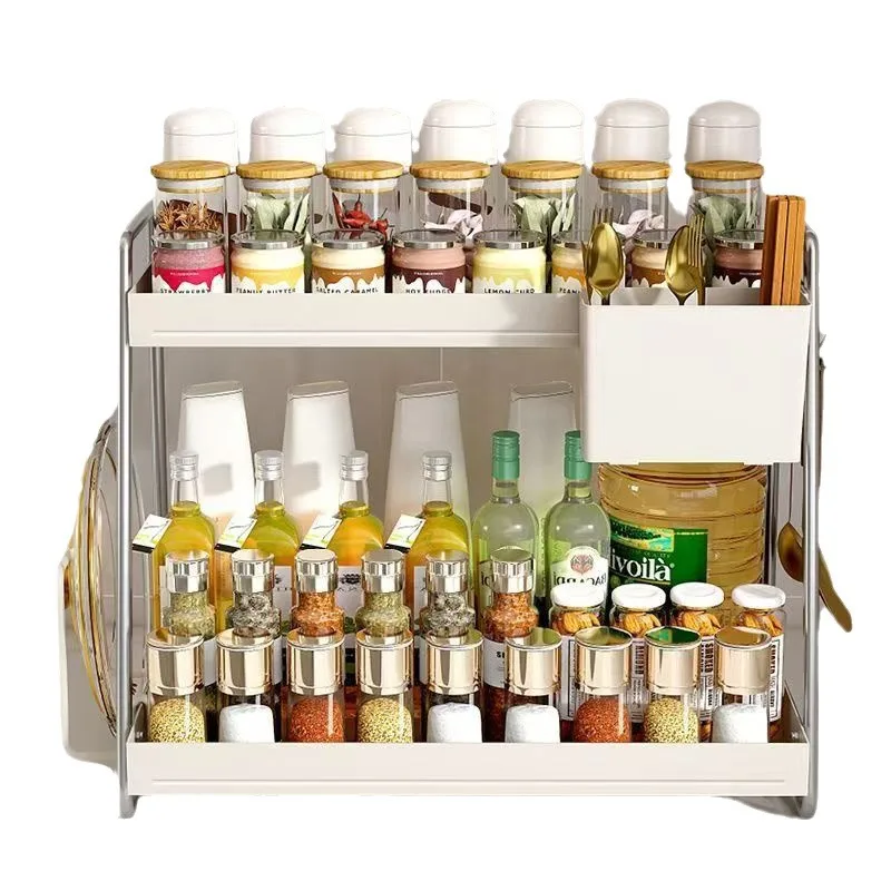 

Multifunctional household simple stainless steel kitchen seasoning rack, thick solid and high double-layer stable shelf