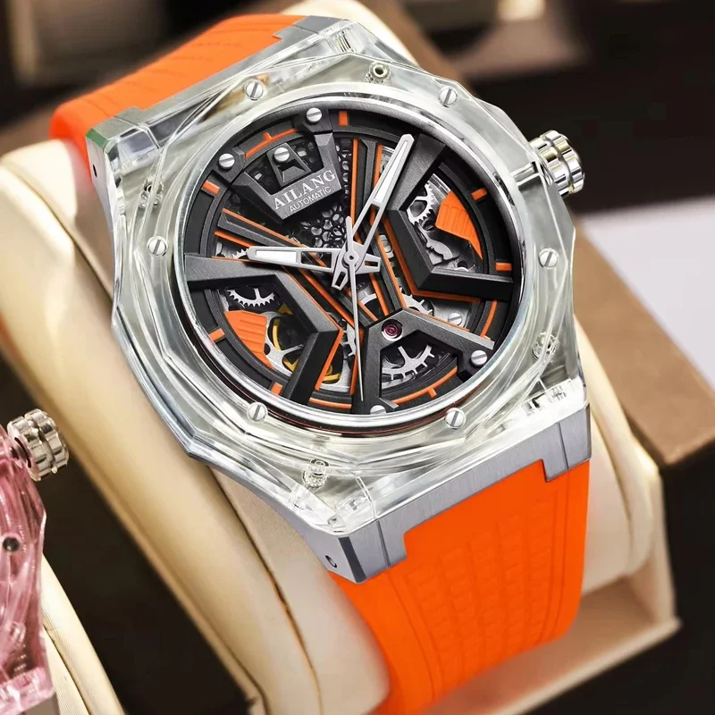 

Fashion Sports Men Mechanical Watch Luxury Rubber Strap Waterproof Luminous Hands Skeleton Automatic Watches Mens