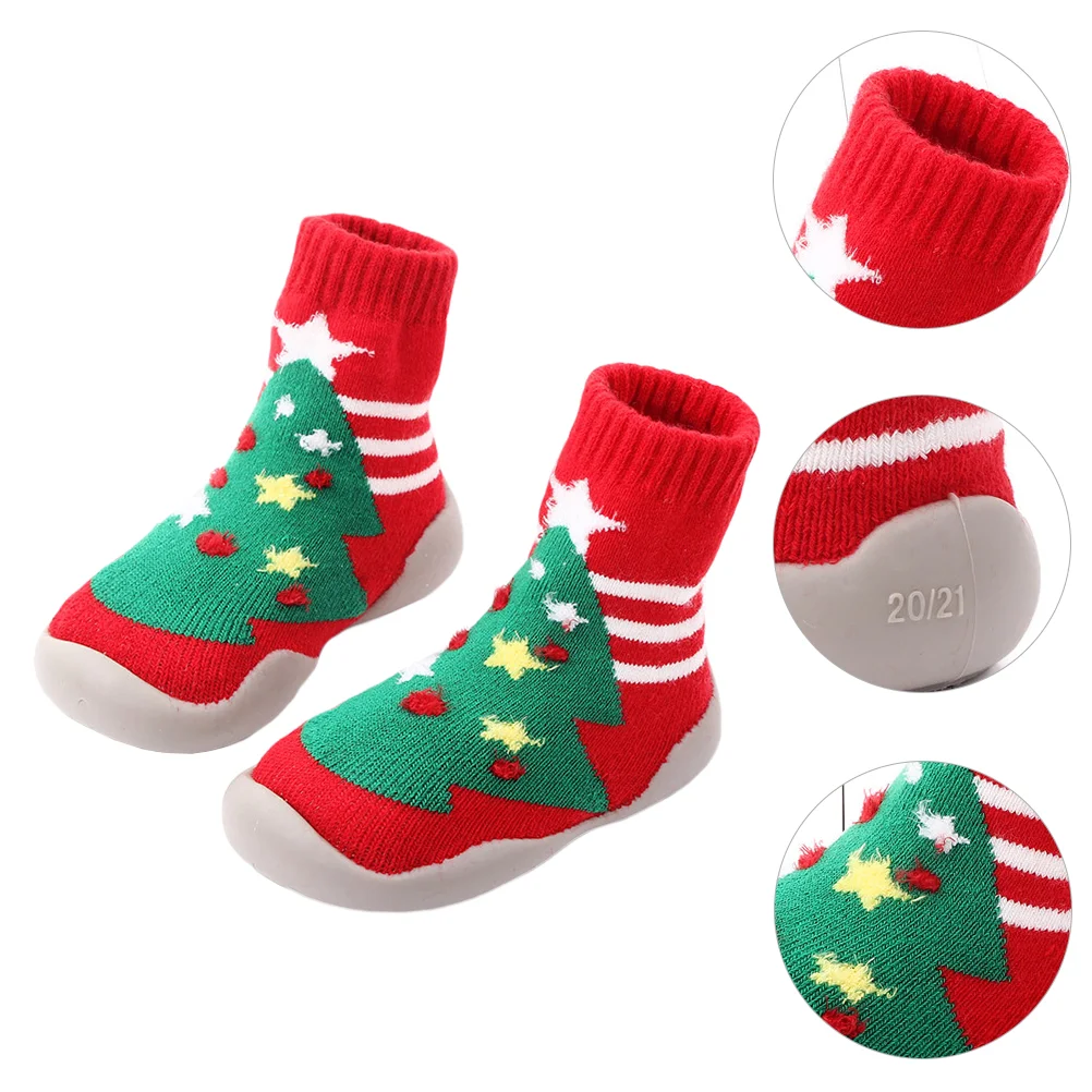 

Toddler Shoes Baby and Socks Kids Cartoon Woolen Yarn Red Warm Non-slip for Anti-skid Xmas